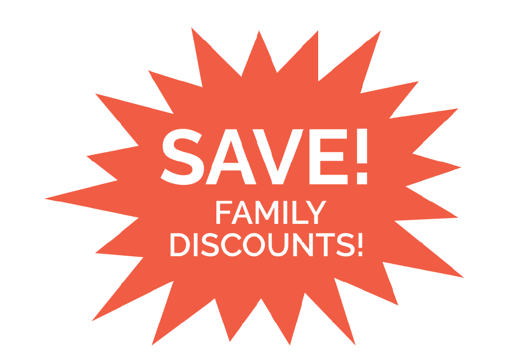 Orange starburst with "SAVE! FAMILY DISCOUNTS!" on cream background.