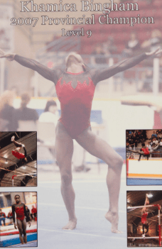 Alumni profile for two-time Olympic sprinter Khamica Bingham. To the left, a collage features her as a Level 9 Provincial Champion gymnast in a red leotard, showing her performing a dance pose and various gymnastics skills. To the right, a current action shot shows Khamica sprinting on an Olympic track in a Team Canada uniform, representing her transition from gymnastics to professional athletics.