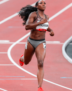 Alumni spotlight of Khamica Bingham, showcasing her journey from a Provincial Champion gymnast at All Star Sports Centre to an Olympic sprinter. The images show a collage of her gymnastics career alongside a professional photo of her competing on the track.